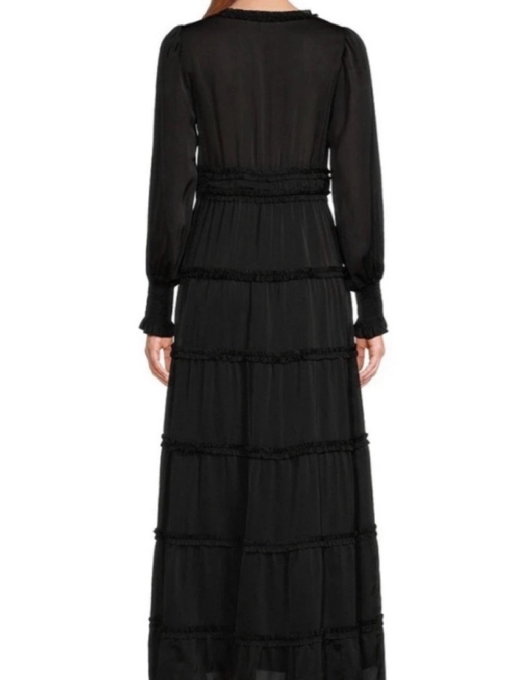 Plisse Satin Ruffle V-Neck Smocked Cuff Sleeve Tiered Maxi Dress - Picture 4 of 9